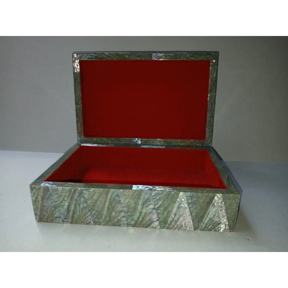Vintage Iridescent Crackled Abalone‎ Mosaic Humpback Jewelry Box w/red Interior